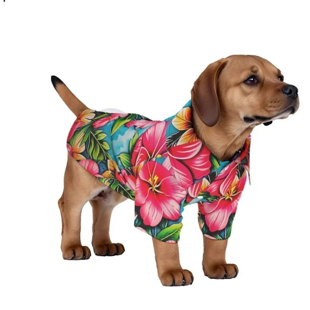 Dog Floral Hawaiian Shirt Medium  Hibiscus Pink Flowers, Stocking Stuffer NWT
